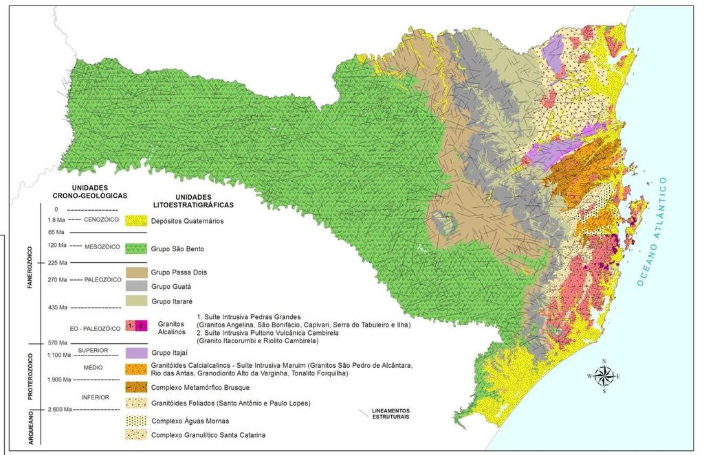 Bastos (2014) para explicar as diferença entre Forte Marechal Luz e Tapera, sítios por ele estudados. Figura 7. Mapa geológico do Estado de Santa Catarina. Fonte: Silva e Bortoluzzi (1987).