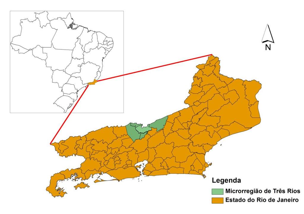 O local de estudo compreende os municípios de Areal (110,119 km²), Comendador Levy Gasparian (106,887 Km²), Paraíba do Sul (580,525 km²), Sapucaia (541,711 Km²) e Três Rios (326,126 Km²).