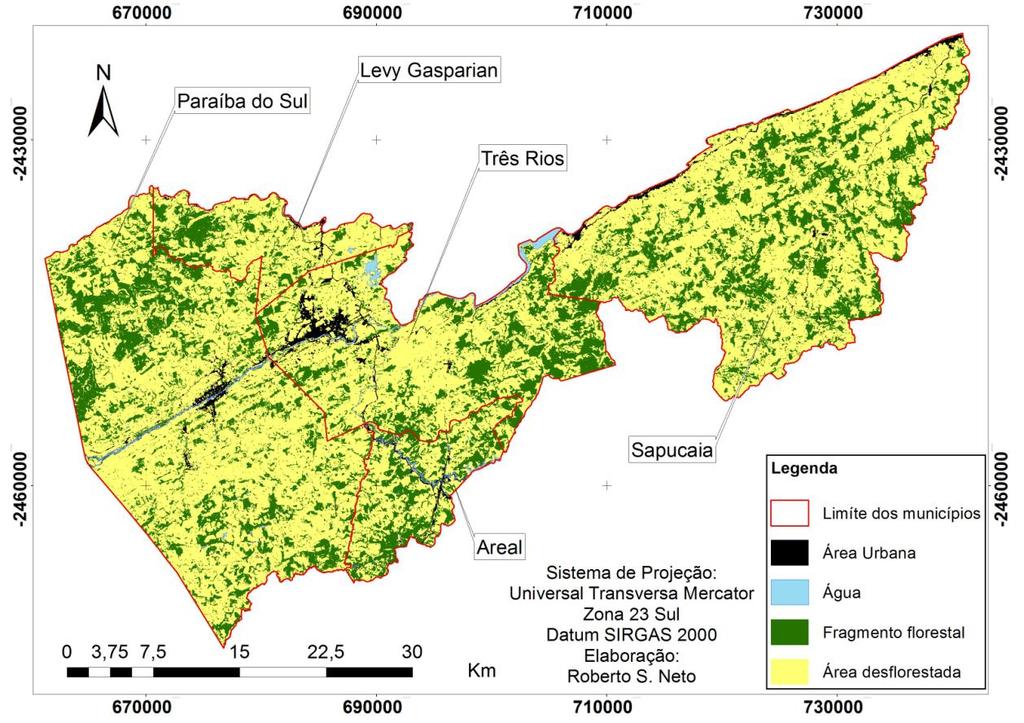 O município de Paraíba do Sul apresentou a maior área com florestas (Figura 10), e é o município com maior território (Tabela 1, Figura 11), sendo Sapucaia o segundo com maior área florestal e