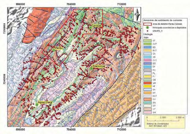 Figura - 50: Mapa geológico regional com amostragem de sedimento de corrente, rede de drenagem e principais ocorrências e depósitos conhecidos.