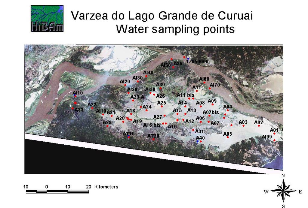 4.3. Geoquímica das águas e dos sedimentos da várzea de Curuai Durante essa campanha o nível do Lago Grande de Curuai estava muito alto (o nível da água na escala da régua em Curuai era de 9,80 m no