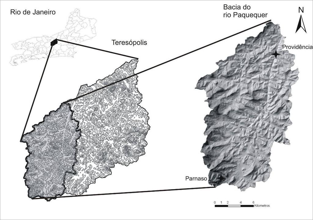 26 Figura 4: Localização e modelo digital de terreno da bacia do rio Paquequer no município de Teresópolis, RJ e locais das estações de medição de chuva, na cabeceira da bacia (Parnaso) e de chuva e