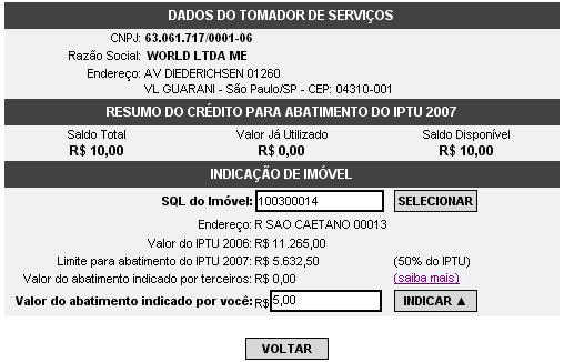 Para indicar o imóvel que receberá o abatimento, informe o Número do Cadastro do Imóvel (SQL) e clique no botão Consultar.