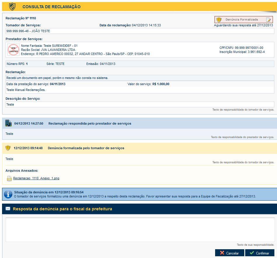 Denúncia realizada pelo tomador de serviços e possibilidade de consultar os arquivos anexados.
