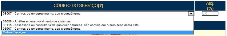 Nota Fiscal de Serviços Eletrônica NFS-e Versão do Manual: 5.16 pág. 50 Serão disponibilizados os demais códigos de serviço passíveis de emissão de nota fiscal, conforme o Regulamento do ISS.