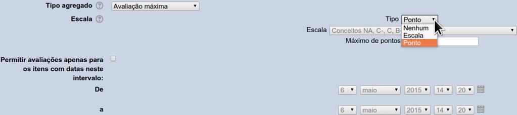Após essa configuração, pode-se marcar o item Permitir avaliações apenas para os itens com datas neste intervalo no