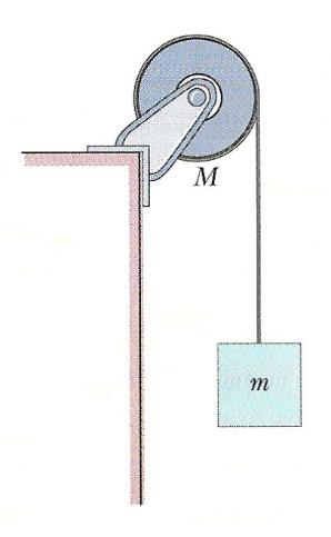 O momento de inércia da roldana em relação ao eixo de rotação é I = MR 2 /2. Uma corda de massa desprezível está enrolada na roldana. Na extremidade livre da corda está suspenso um bloco de massa m.