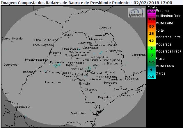 Situação das chuvas às 17h00min Os radares meteorológicos do IPMet/UNESP, instalados em Bauru e Presidente Prudente, não estão detectando chuva no estado de São Paulo.