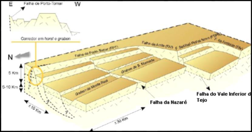Alves et al. (2003), defende que o limite Norte da Bacia Lusitânica é materializado pela falha de Aveiro, pertencente a um importante grupo de falhas com uma orientação E-W a NW-SE.