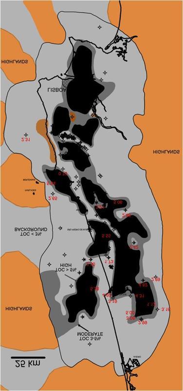 Figura 42 Mapa esquemático com a indicação representativa do potencial em COT e da sua variação nas formações do Jurássico Inferior ( Lias ) (Mohave, 2013).