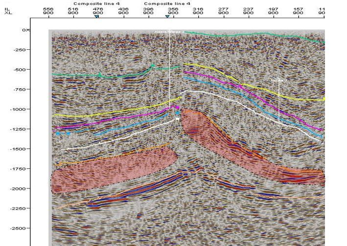 Figura 65 Imagem da secção sísmica (crossline 900) com a indicação de possíveis zona de interesse para o estudo da acumulação de hidrocarbonetos, nas Formações e sequências do Jurássico Inferior: Fm.