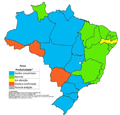 Figura 36 Mapa da estimativa de produtividade - Arroz Quadro 4 - Histórico das condições hídricas gerais e possíveis impactos nas diferentes fases* da cultura nas principais regiões produtoras do