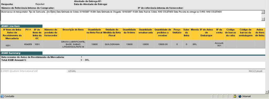 Rejected: ASN Rejeitado pela transportadora O documento com status rejected informa que o ASN foi rejeitado e que o fornecedor deverá verificar o erro e corrigi-lo, se possível.