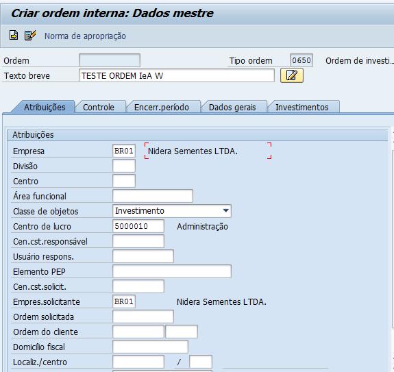 de investimento e utilizar o tipo de ordem definido conforme