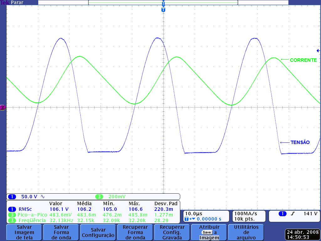 FIGURA 5 Detalhe da tensão e corrente no indutor de neutro. TABELA 1 Valores obtidos nas medições feitas com o indutor. Indutor de neutro (L 1 ) Indutor de fase (L 2 ) Indutância 2.