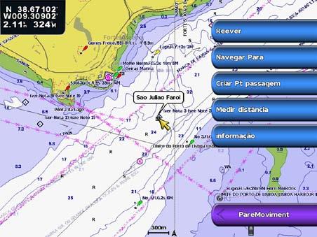Cartas e vistas a 3D de cartas Visualizar informações acerca do local e objecto numa carta Pode visualizar informações acerca de um local ou de um objecto na Carta de Navegação ou na Carta de pesca.
