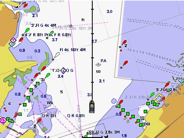 Cartas e vistas a 3D de cartas Mostrar e configurar a Linha de proa A linha de proa é uma linha desenhada no mapa a partir da proa da embarcação e na direcção da viagem.