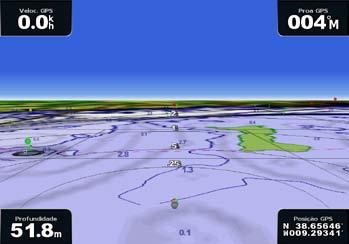 Cartas e vistas a 3D de cartas Perspectiva 3D A Perspectiva 3D disponibiliza uma perspectiva aérea sobre e atrás da embarcação (dependendo da rota) e funciona como um auxiliar visual de navegação.