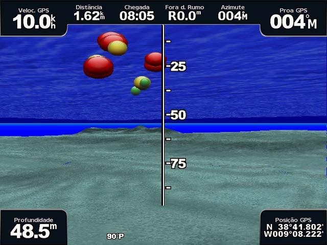 Cartas e vistas a 3D de cartas Fish Eye 3D Utilizando as linhas de contorno de profundidade da cartografia BlueChart g2 Vision, o Fish Eye 3D oferece uma perspectiva subaquática do fundo do mar ou