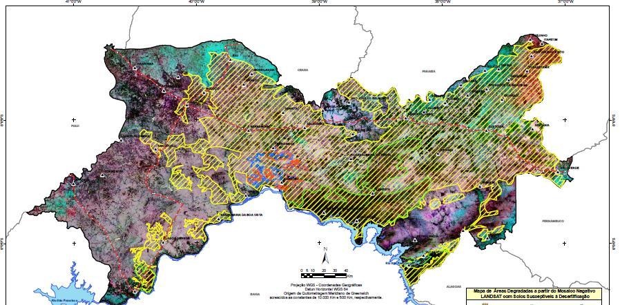 Figura 3. Mapa de risco de desertificação do estado de Pernambuco gerado a partir da classificação espectral do mosaico de imagens LANDSAT. 4.