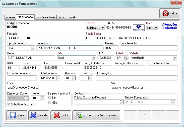 FORNECEDORES Menu Cadastros / Fornecedores Aba Manutenção