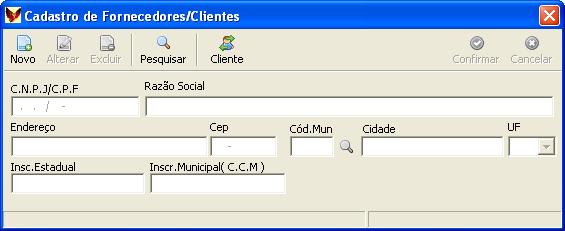 Para chamar a tela de cadastro dos clientes, clicar na palavra Fornecedores. 21.2.2 - Clientes Clicando na palavra Fornecedores, aparecerá a tela de cadastro do cliente.