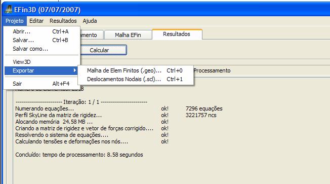 Figura 3.17: Opções do menu <Projeto> do programa de Elementos Finitos desenvolvido nesta tese. As opções do menu <Projeto> na janela principal do programa, ilustradas na Figura 3.