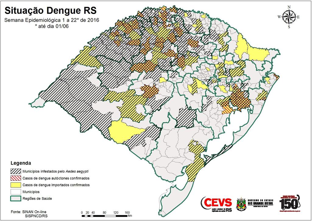 Figura 1: Mapa dos municípios infestados e com casos de Dengue Importados e Autóctones, RS, 2016.