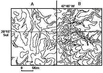 TEMA: CURVAS DE NÍVEL 32) (Fuvest) Considerando-se basicamente as características topográficas na análise da figura a seguir, podemos afirmar que: A) no setor A, a amplitude e a declividade são muito