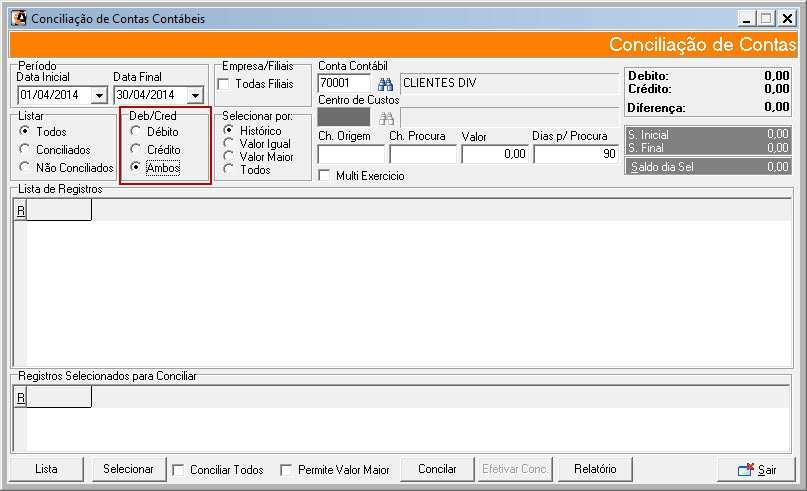 Os lançamentos podem ser listados de três formas: A primeira opção Todos listará todos os lançamentos conciliados e não conciliados; a segunda opção Conciliados listará todos os lançamentos já