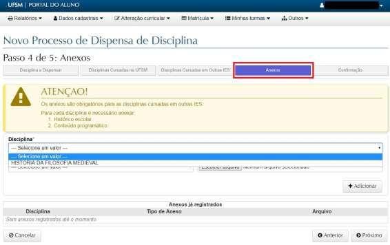 Para cada disciplina externa informada, é necessário selecioná-la, escolher o tipo de anexo