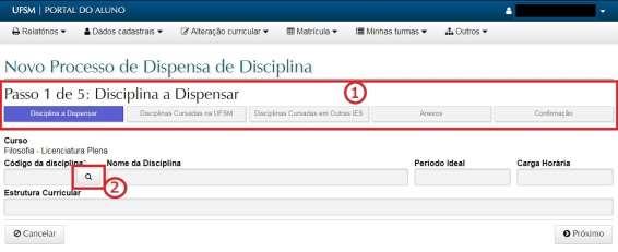 2. Iniciando a solicitação - seleção da disciplina a dispensar O processo de solicitação de dispensa foi dividido em cinco passos, para melhor usabilidade do sistema (item 1 da