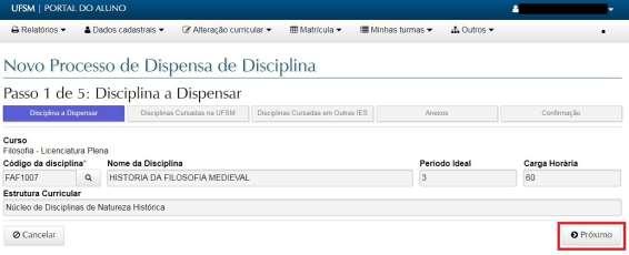 Na lista exibida, basta selecionar a disciplina pretendida e clicar no botão OK. A caixa é fechada e os dados da disciplina selecionada são exibidos como Disciplina a Dispensar.