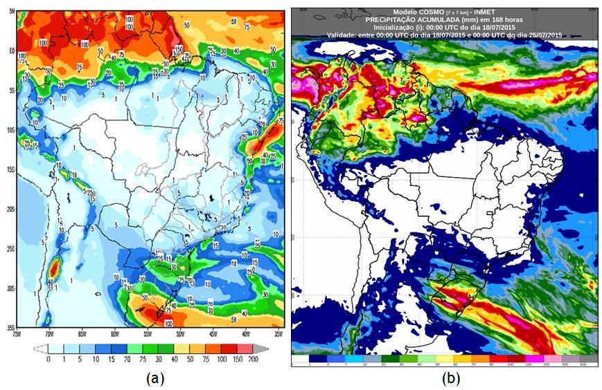 A figura 2 mostra as previsões de precipitação feitas pelos modelos ETA (CPTEC/INPE/ONS), figura 2a, e COSMO (INMET), figura 2b, para semana operativa de 8 a 24 de julho.