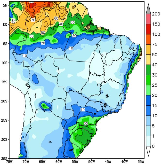 As previsões de precipitação dos modelos ETA e COSMO para a semana operativa de 8 a 24 de julho de 205 mostram totais significativos de chuva sobre a região Sul do país (figura 2a e 2b).