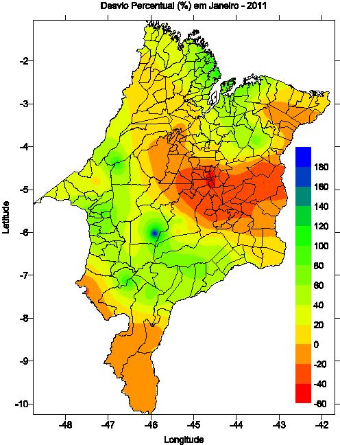 Os desvios percentuais mostram em porcentagens quanto às chuvas ficaram acima ou abaixo da média. Na Figura 5 podem-se observar esses desvios em todo o Estado do Maranhão em janeiro de 2011.