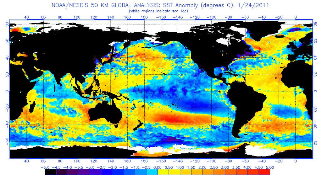 Figura 6: Anomalia de Temperatura da Superfície do Mar no dia 24 de janeiro de 2011. (Fonte: NOAA).