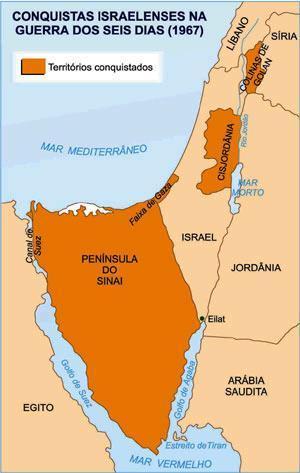 Consequências: IDADE CONTEMPORÂNEA ISR ocupa Faixa de Gaza, Península do Sinai (EGT), Cisjordânia (JOR) e as Colinas de Golã (SIR) -