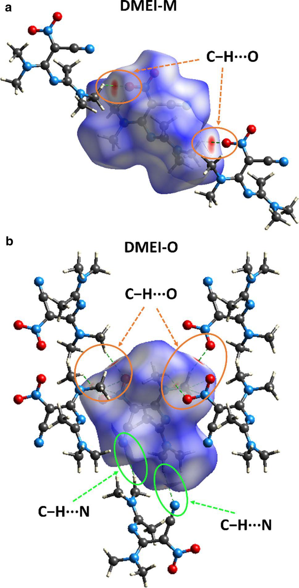 Figure 3a, b presents the d norm map of DMEI-M and DMEI- O, respectively, with interaction areas (red) located on the O-atom of Nitro and H-atom of dimethylamino groups.
