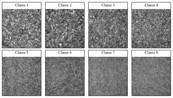 A Figura 4 exibe um exemplo de imagem para cada classe. Fig. 4. Imagens do minério vermiculita Para cada classe em cada tipo de iluminação foi realizada a captura de 0 imagens com tamanho 59 x 944 pixels.