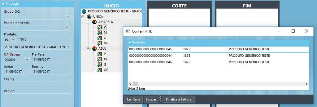 Atenção! Os produtos que estiverem no andamento da produção devem estar previamente vinculados às respectivas etiquetas de RFID, para que possam ser lidas pelo sistema.
