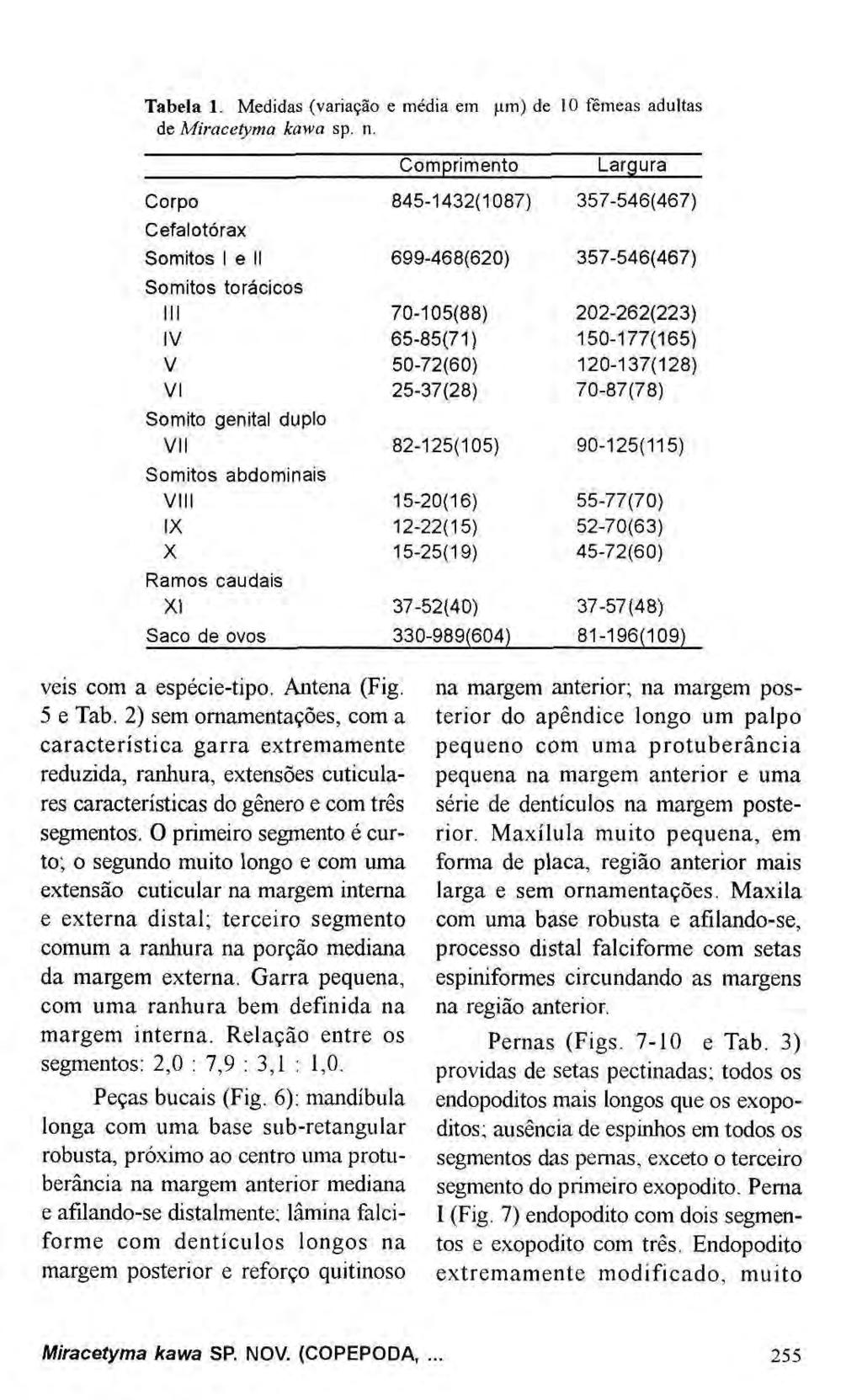 Tabela 1. Medidas (variação e média em um) de 10 fêmeas adultas de Miracetyma kawa sp. n.