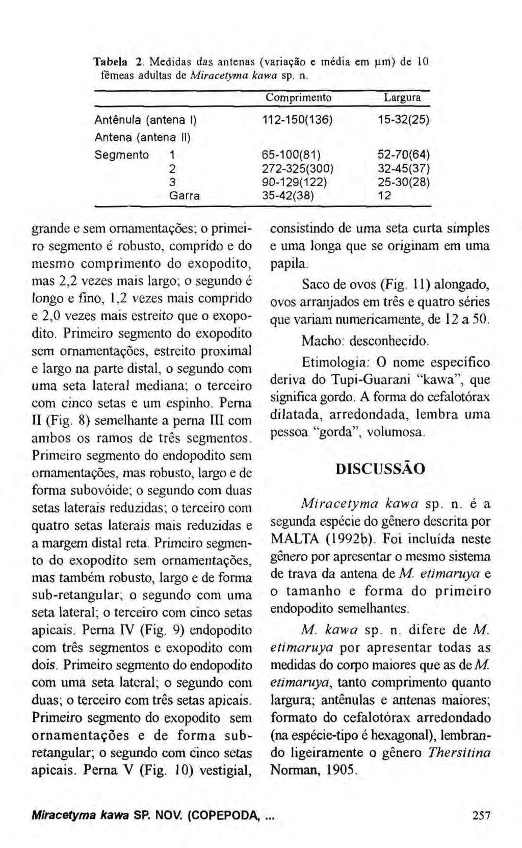 Tabela 2. Medidas das antenas (variação e média em μιτι) de 10 fêmeas adultas de Miraceíyma kawa sp. n.