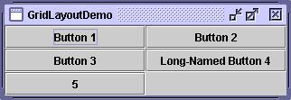 Exemplo: GridLayout Exemplo panel.setlayout(new GridLayout(0,2)); panel.add(new JButton("Button 1")); panel.