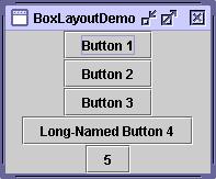 BoxLayout Empilha seus componentes em linha ou em coluna de acordo com opção selecionado....//container panel = aframe.getcontentpane()... panel.setlayout(new BoxLayout(pane, BoxLayout.