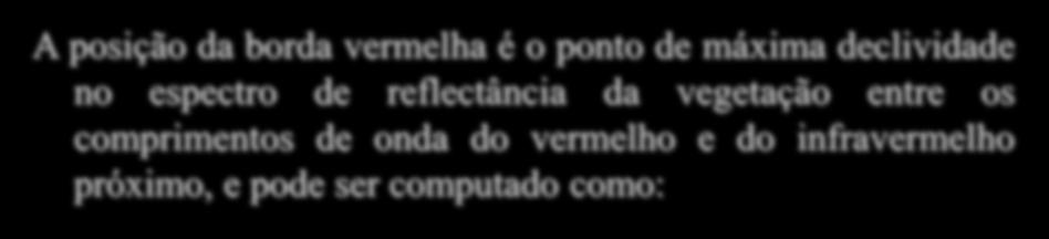 Posição da Borda Vermelha - REP A posição da borda vermelha é o ponto de máxima declividade no espectro de reflectância da vegetação entre os comprimentos de