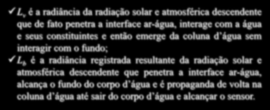 Water Surface, Subsurface Volumetric, and Bottom Radiance L t L p L s L v L b L v é a radiância da radiação solar e atmosférica descendente que de fato penetra a interface ar-água, interage com a