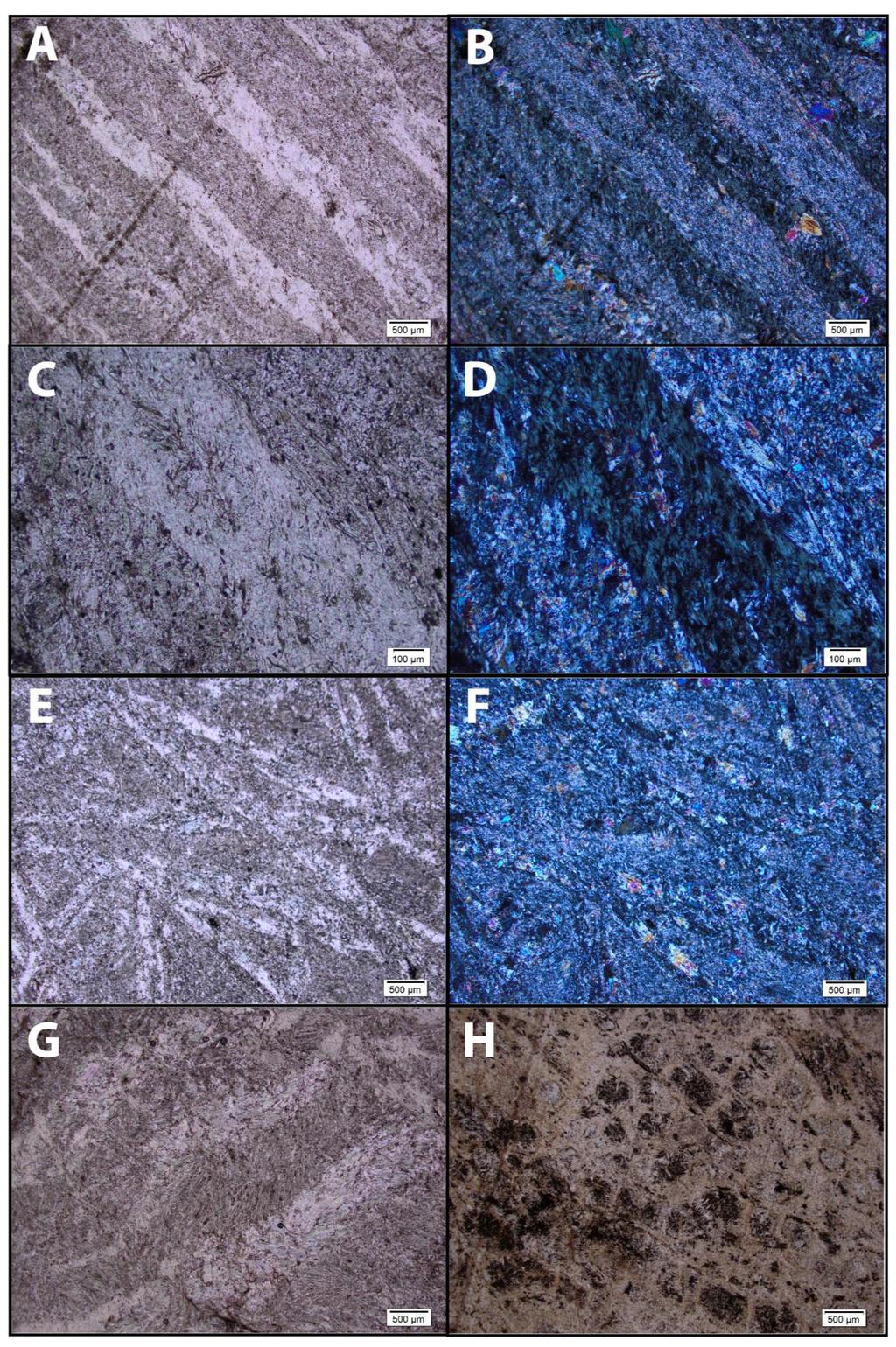 Figure 3.4. A) Photomicrograph of platy spinifex texture.