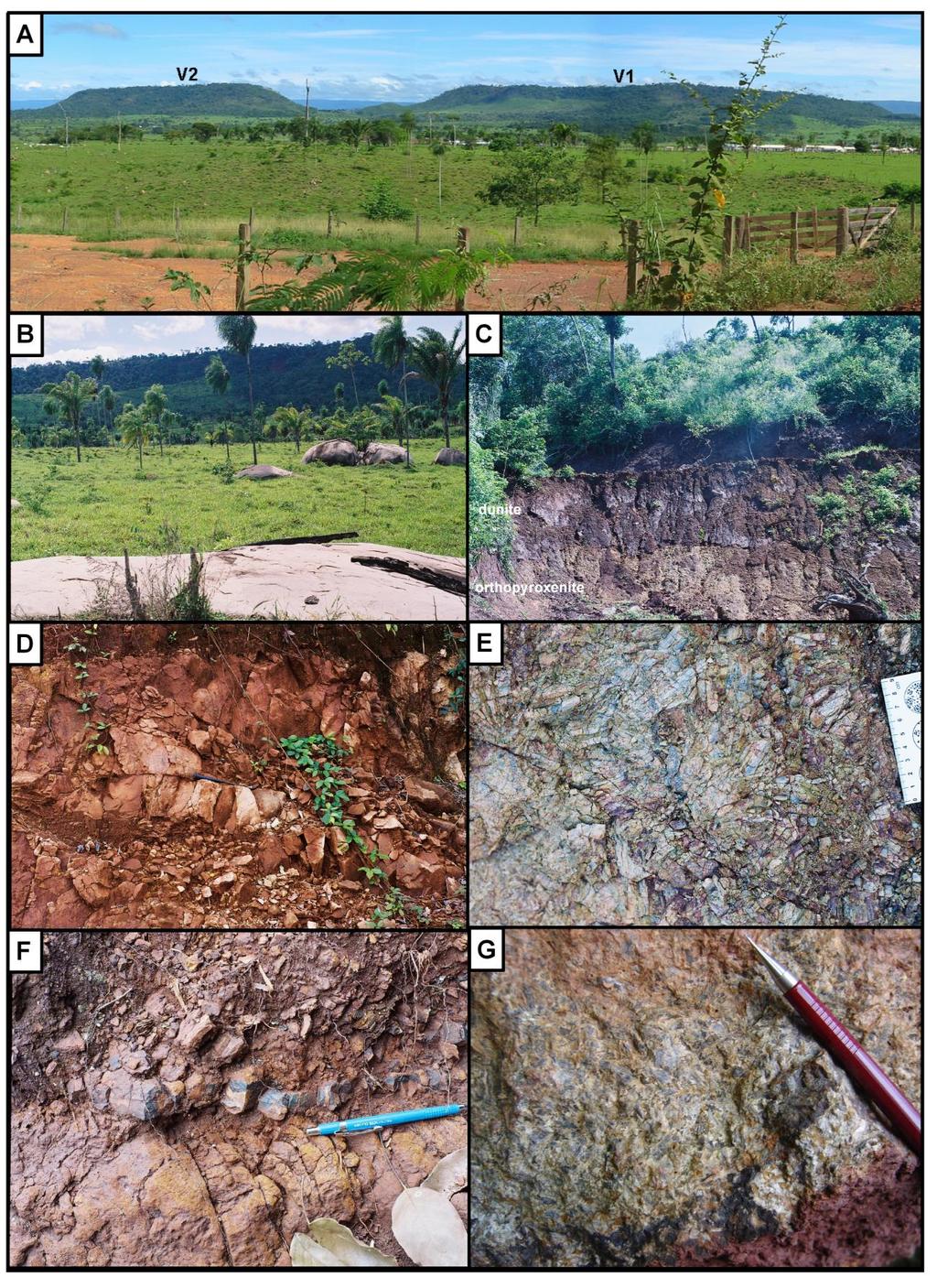 Figure 1.3. A) Panoramic view of the Vermelho Complex showing V1 and V2 plateau-like hills (looking northwest). B) Outcrop of granitoid basement rocks, V1 hill on the background.