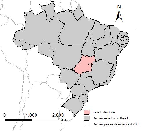 Figura 1: Mapa de localização do estado de Goiás PROCEDIMENTOS METODOLÓGICOS Os procedimentos metodológicos se norteiam por meio de dois eixos: 1) Processamento de dados estatísticos em ambiente SIG;